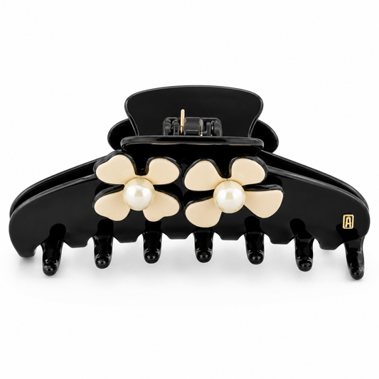 Chic Black Hair Claw Clip with Beige Flowers – Large Pearl Floral Non-Slip Jaw Clip