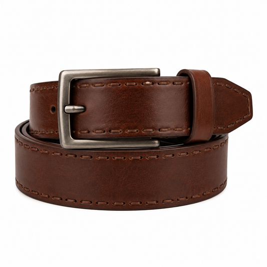 Men's Reversible Leather Belt – Classic Brown Casual Dress Belt with Rotatable Buckle