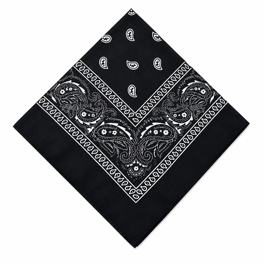 Classic Black Paisley Cotton Bandana – Unisex Biker Style Headwrap & Pocket Square