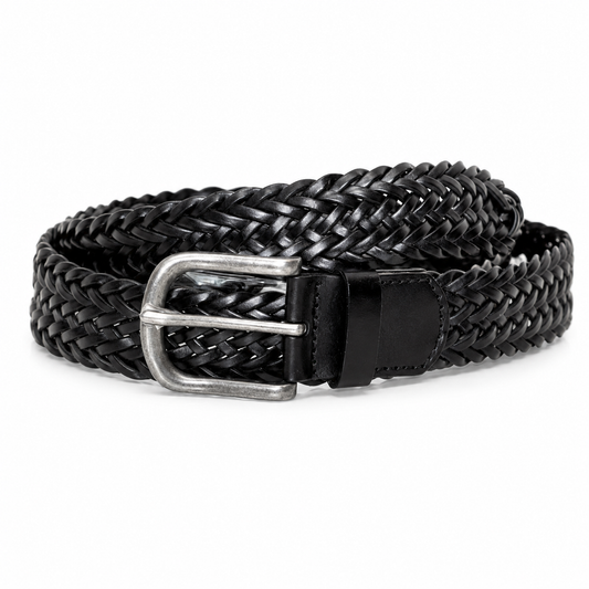 Men's Classic Black Braided Woven Belt – Casual Synthetic Leather Belt with Brushed Silver Buckle