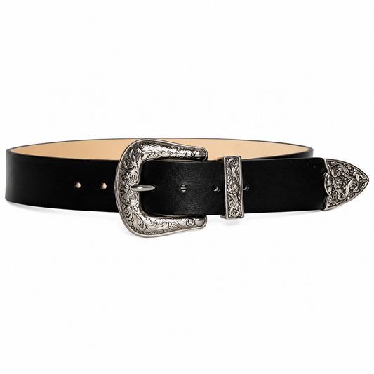 Classic Black Leather Western Belt – Vintage Cowboy Style Belt with Engraved Silver Buckle & Tip